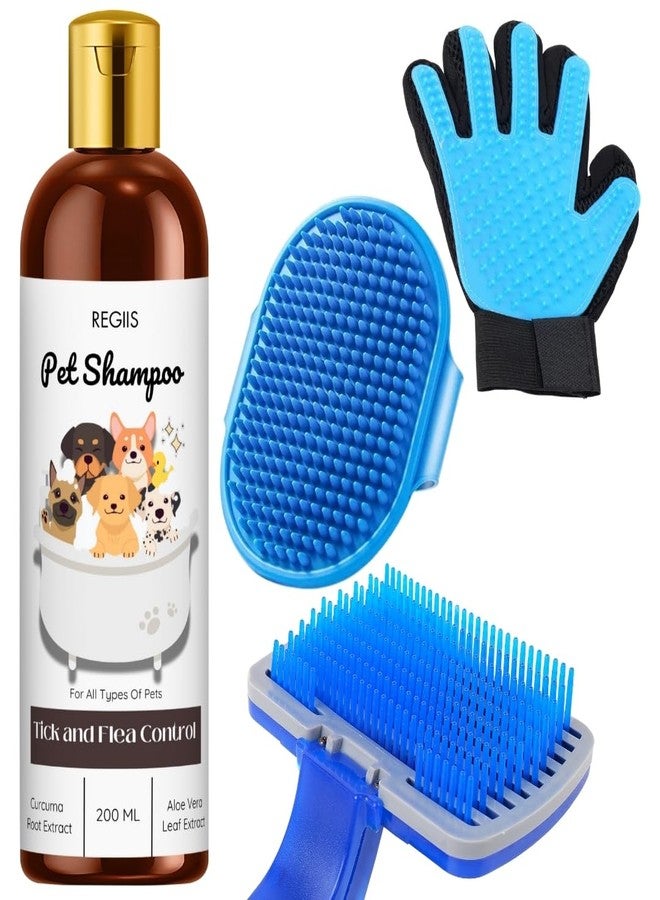 Regiis Pet Shampoo with Grooming Brush Set, Blue, Tick and Flea Control Formula, 200ml, Includes Deshedding Glove, Bath Brush for Dogs(Pack of 4) - Image 1